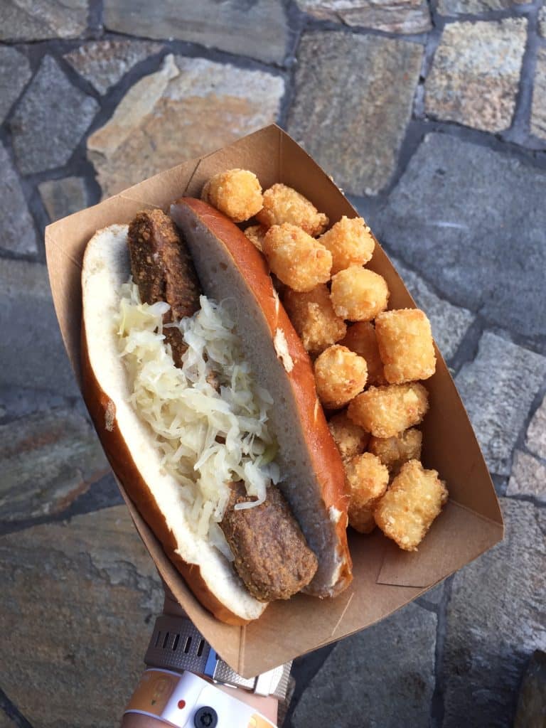 Vegan Brat and Tots from Friarâ€™s Nook in Fantasyland at the Magic Kingdom