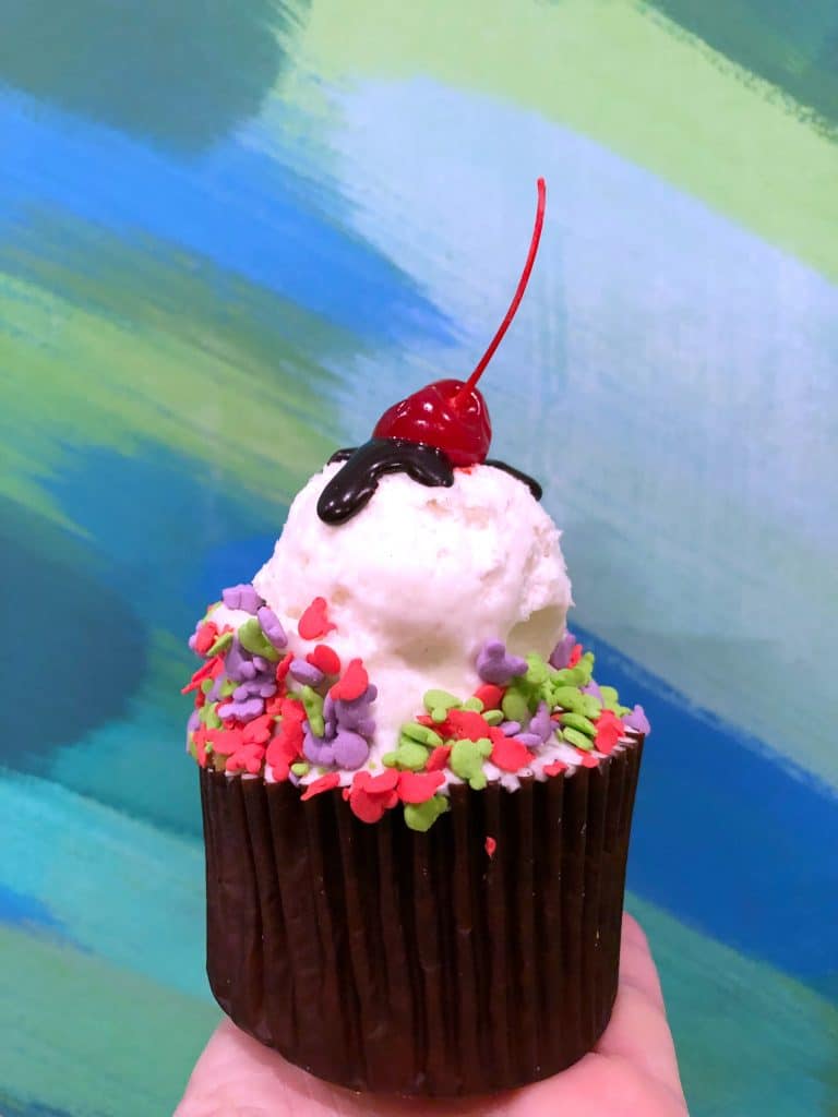 Vegan Disney Food Review: Ice Cream Sundae Seasonal Cupcake at Sunshine Seasons in Epcot