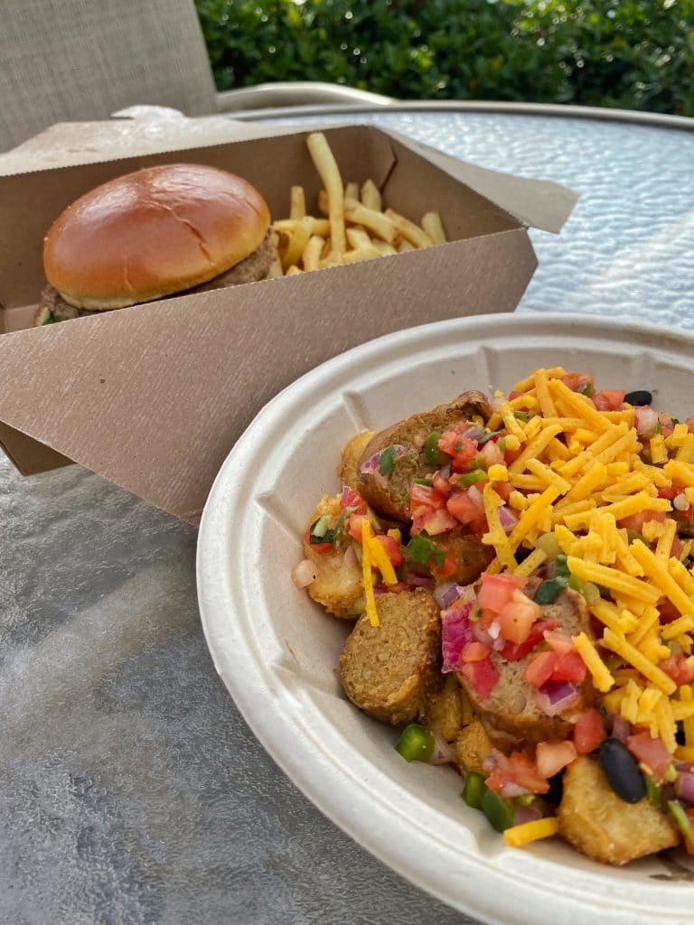 Plant based fried yucca bowl and Impossible Burger