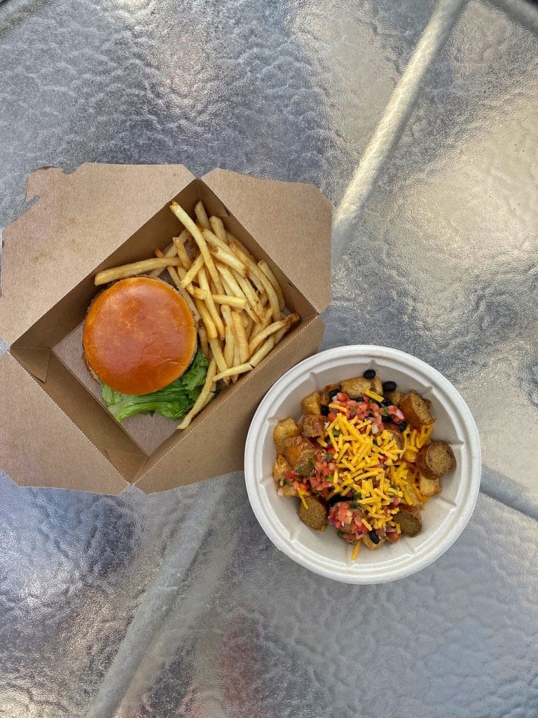 Plant based fried yucca bowl and Impossible Burger