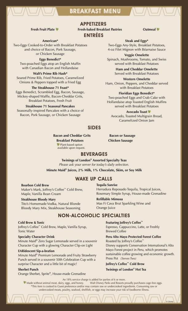 First Look: Steakhouse 71 Menu for Breakfast and Lunch at Disney’s