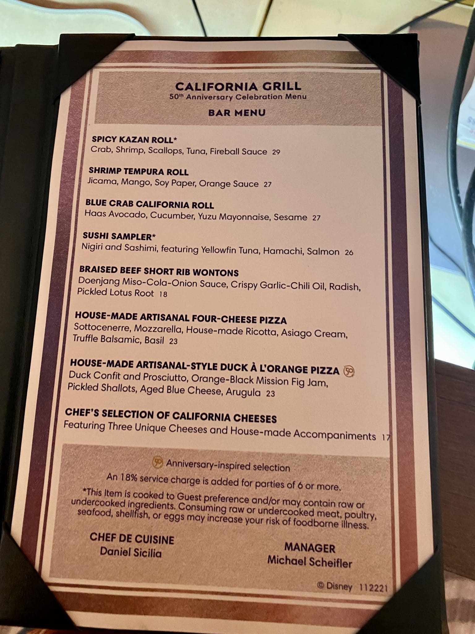 California Grill bar menu