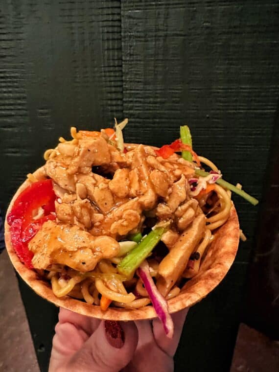 Vegan Soba Noodle Waffle Bowl with plant-based chicken