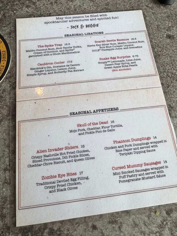 Halloween menu Jock Lindsey's Disney Springs